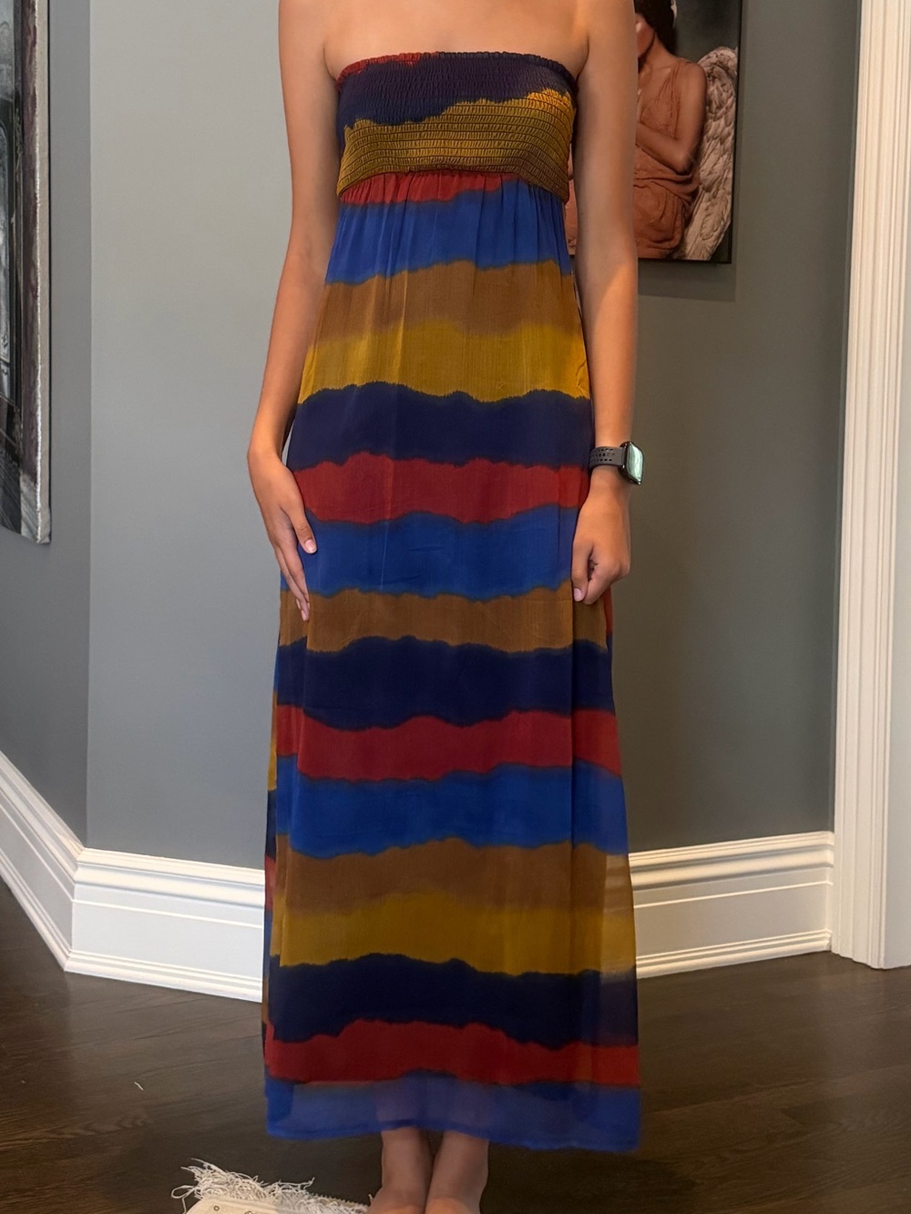 Kimchi Blue Strapless Maxi Dress in Blue, Red, Mustard & Navy Stripes